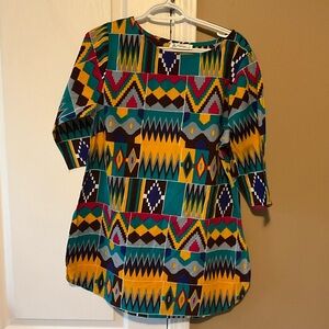 Lapogee Made in India Yellow/Blue African Retro Boho Med Sleeve Blouse Sz L